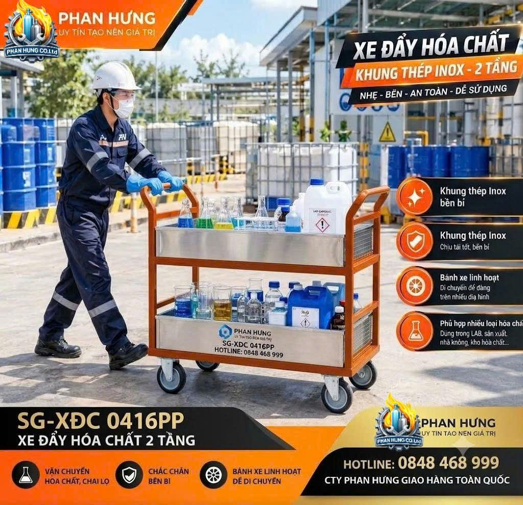 Xe Đẩy Hóa Chất 2 Tầng Phan Hưng – Khung Thép, Khay Đa Dạng SG-XĐC 123PP