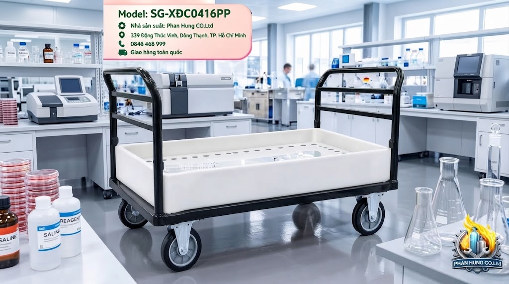 Xe Đẩy Hóa Chất Phòng Lab SG-XĐC0416PP-INOX 304, 316, PP